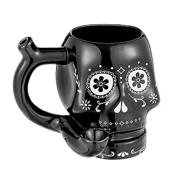 Ceramic Skull Mug Black with White Trim Design Hand Pipe