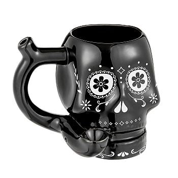 Taza de calavera de cerámica negra con diseño de ribete blanco Tubo de mano