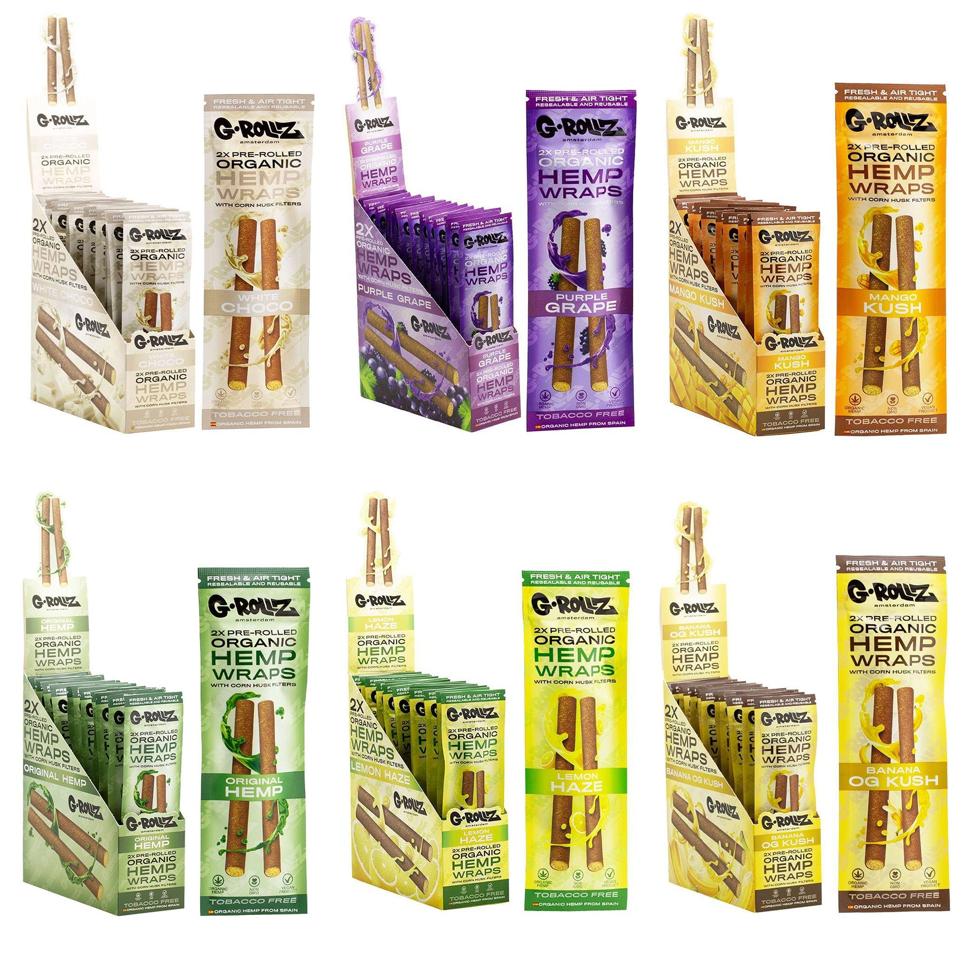 G-Rollz 2x Pre-Rolled Organic Hemp Wraps with Filters (15 Packs per box)
