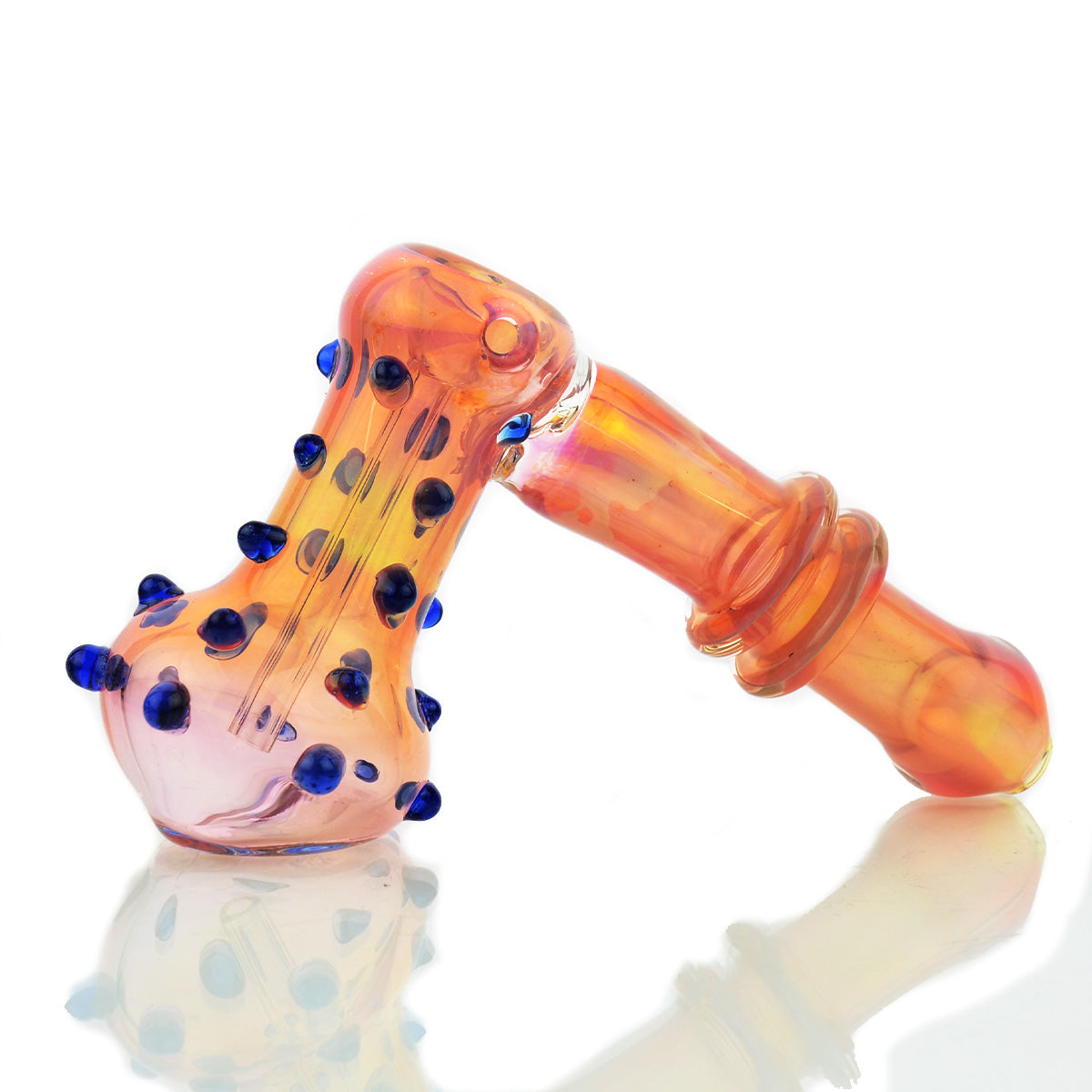 6.5" Hammer Bubbler Rose Gold Fume Glass with Blue Dots Art