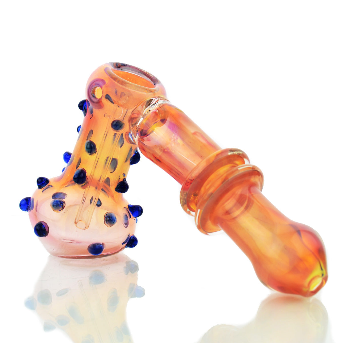 6.5" Hammer Bubbler Rose Gold Fume Glass with Blue Dots Art